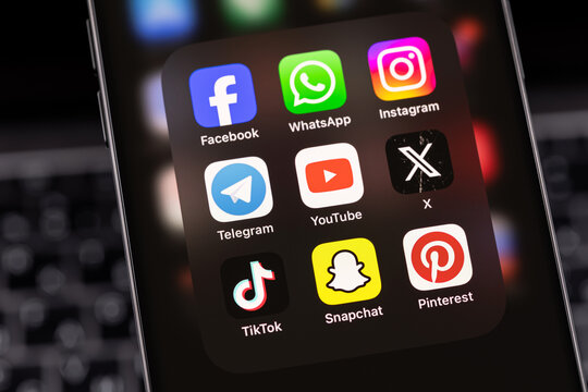 smartphone with mobile apps closeup Facebook, Instagram, WhatsApp, YouTube, Telegram, Twitter X, TikTok, Snapchat. Most popular social media platform for marketing. Batumi, Georgia - August 11, 2024