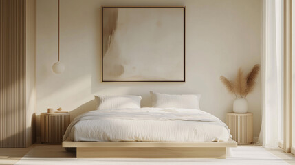 Minimalist master bedroom with floating nightstands made of light wood, a large framed abstract painting on the wall, and neutral linens on the bed. No clutter on the surfaces
