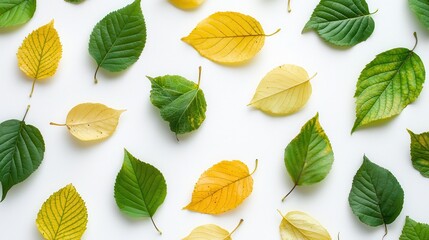 Obraz premium An overhead shot of green and yellow leaves scattered on a white background, creating a vibrant and cheerful composition.