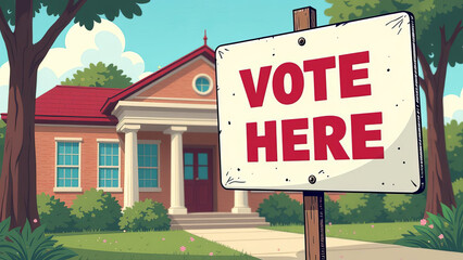 A sign that reads Vote here. Polling place.
