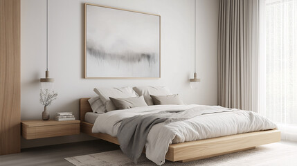 Minimalist master bedroom with floating nightstands made of light wood, a large framed abstract painting on the wall, and neutral linens on the bed. No clutter on the surfaces