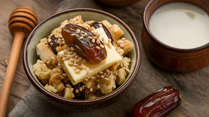 A rustic bowl of Haneeni, a dessert of crumbled bread and dates mixed with butter, topped with roasted sesame seeds, drizzled with honey, and served with a side of warm milk.






