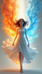 Fototapeta premium Girl with elemental powers, representing fire and water in a mystical setting