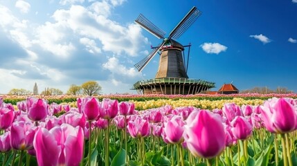 A traditional windmill stands tall in a field of vibrant pink, yellow, and white tulips under a bright blue sky with white clouds.