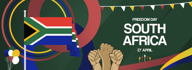 South Africa national freedom day banner with flag. Modern abstract art for national holiday greeting cards, sport and music event posters, newsletters and web headers. Horizontal background