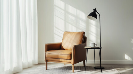 Minimalist reading corner featuring a tan leather armchair, black metal floor lamp, and a small side table with a single coffee mug and book