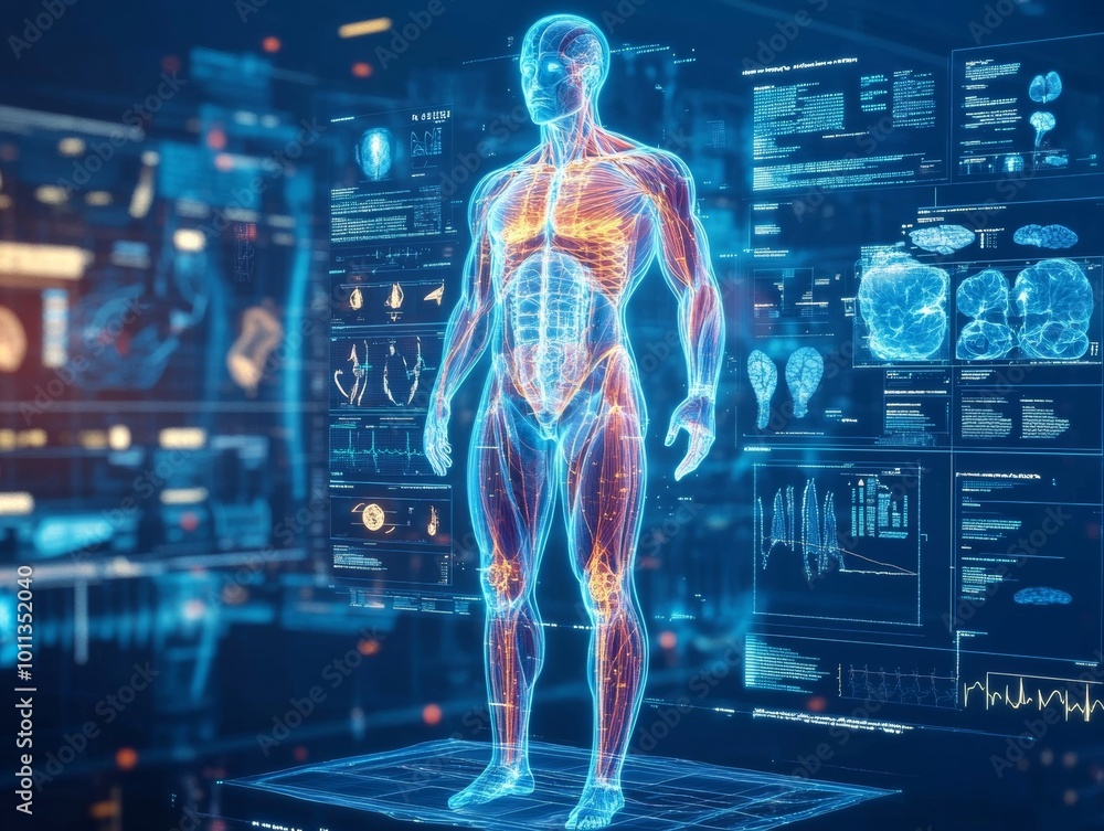 Wall mural an examination of a human body using generative ai in a medical hologram, futuristic healthcare, fut