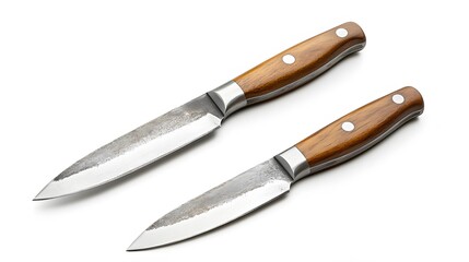 Fototapeta premium Two stainless steel kitchen knives with wooden handles, depicted as professional culinary tools against a white background, emphasizing their sharp quality and craftsmanship.