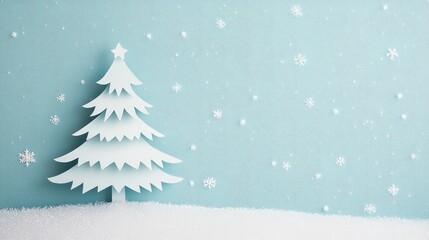 A simple pastel-themed paper cutout of a Christmas tree, light snow falling on a soft background, with copy space on the right side.