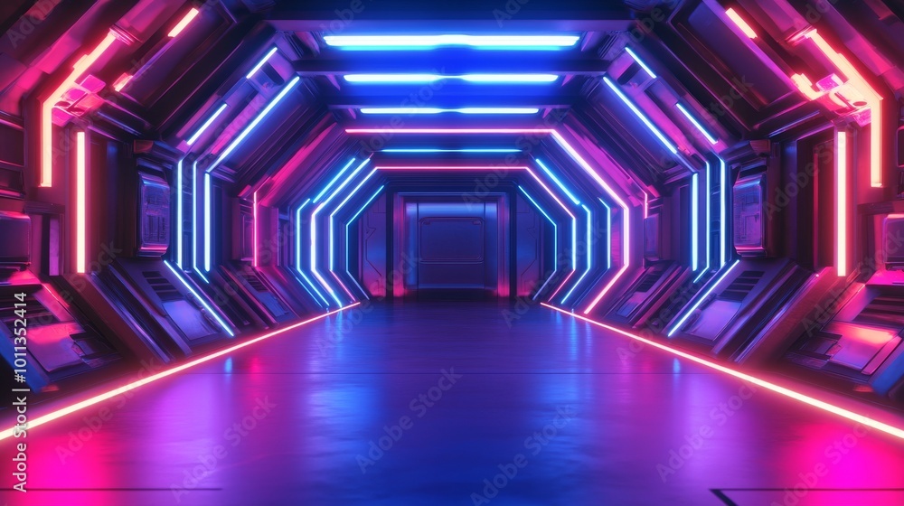 Poster a futuristic science spaceship tunnel corridor with glowing lights as a background wallpaper