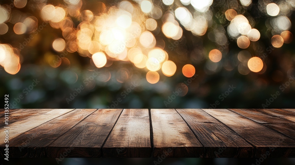 Poster exuberant image of an empty rustic wooden table with a blurry forest background. a generative ai ima