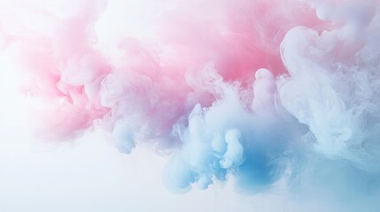 Fototapeta premium Billowing plumes of pastel smoke in pale pink and light blue tones gently mix, creating a delicate, flowing effect on a soft white backdrop.