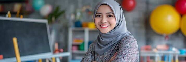 Portrait Of A Cheerful Young Muslim Teacher In A Colorful Classroom, Education Concept