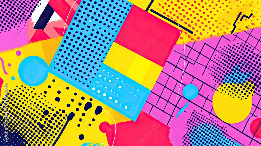 Fototapete classic 90s nostalgia background with colorful grids, squiggly lines, and pop art elements, with amp