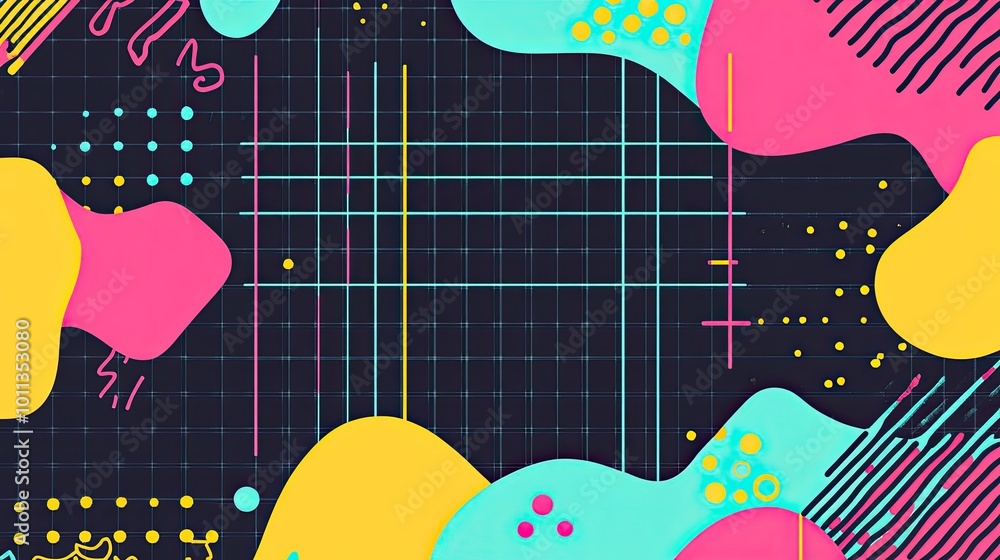Fototapete classic 90s nostalgia background with colorful grids, squiggly lines, and pop art elements, with amp