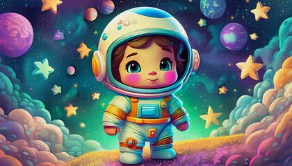 oil painting style cartoon character illustration BABY Astronaut RIDING A ROCKET on space background with stars. Spaceman in spacesuit. Cosmic