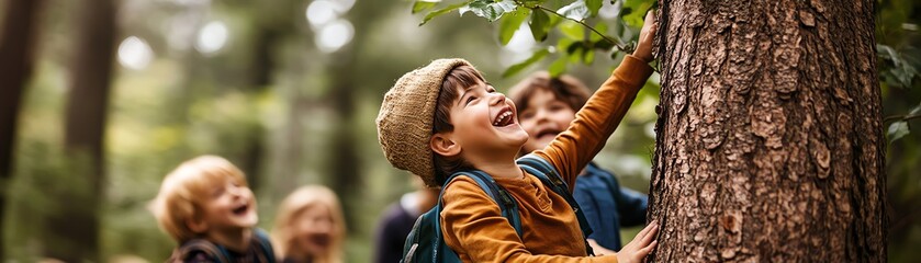 Joyful children exploring nature, playing and climbing a tree in the forest, surrounded by lush greenery and sunlight.