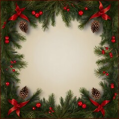 Christmas border with ornaments, holly, and red ribbon