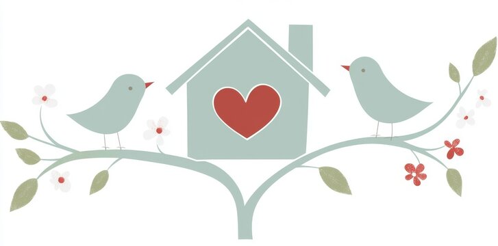 birds, house, heart, branch, pastel colors clip art preview