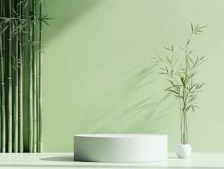 Minimalist display podium with bamboo plant against green background, perfect for product presentation and natural themed designs.