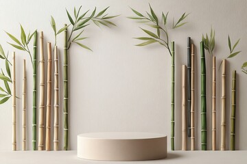 Minimalist bamboo podium with green leaves on beige background, perfect for product display and natural decor themes.
