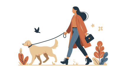 Black and white vector illustration of a family walking in the park with their pet dog