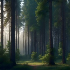Fototapeta premium Serene Sunlit Forest with Lush Green Undergrowth - Peaceful Woodland Landscape