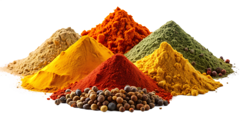 curry, curcuma, pepper, cayenne, ginger, turmeric spices powder isolated on white background.AI GENERATED