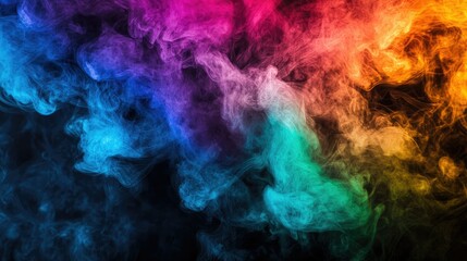 Obraz premium Vivid rainbow smoke, with each color blending seamlessly, emerges from deep black smoke in an eye-catching contrast of light and dark.