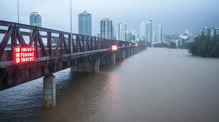 Fototapeta premium A city bridge being overwhelmed by floodwaters, with flashing emergency alerts on the side, rain pouring heavily, Bridge flood danger, infrastructure at risk
