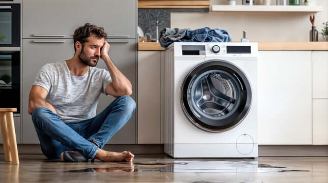 homme assis au sol devant une machine &agrave; laver le linge en panne qui fuit