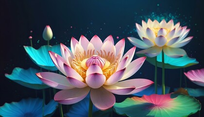 Stunning lotus flowers with vibrant colors and glowing accents in a serene aquatic setting
