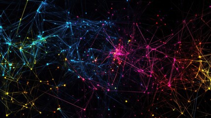 Obraz premium Abstract digital artwork with neon lines and nodes, representing global data flow and connectivity, set against a dark background.