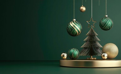 Christmas background. 3D render Christmas tree and hanging Christmas ball. Concept Happy New Year celebration banner template.  Holiday greeting card or advertising banner background, Christmas podium