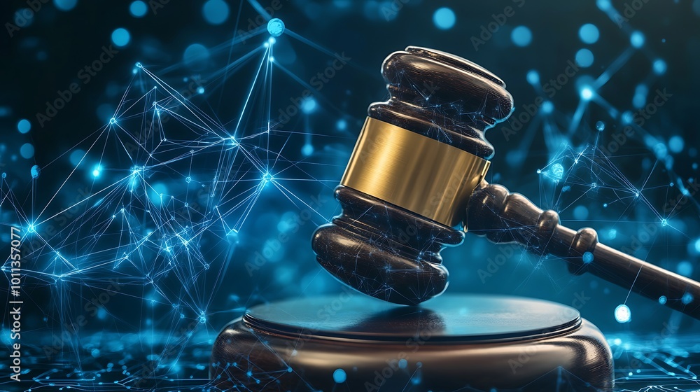 Poster A wooden gavel resting on a sound block with a blue, glowing network of lines in the background.