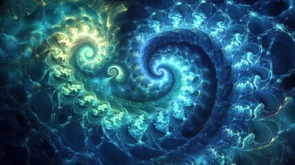 Abstract fractal design with intricate patterns in shades of blue and green, spiraling into infinity to create a captivating digital effect.