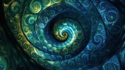 Abstract fractal design with intricate patterns in shades of blue and green, spiraling into infinity and creating a hypnotic visual effect.