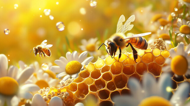 Close-up view of the working bees on honey cells. Multi-colored geometric honeycomb,wildlife perfect pattern - Powered by Adobe