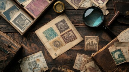 Artistic flat lay of rare stamps and postal memorabilia, arranged neatly on an old wooden desk with an antique magnifying glass.