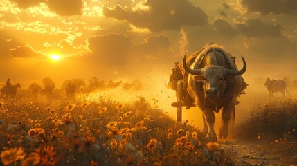 Buffalo Cart at Sunset