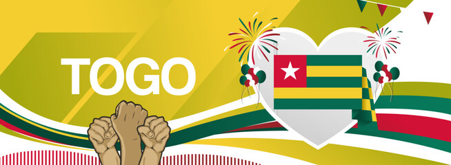 Togo independence day banner with country flag. Modern abstract art for various purposes such as public holiday greeting cards, sports and music event posters, web headers. Horizontal template