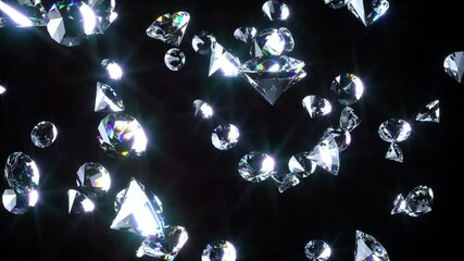 Falling diamonds, The footages contains an alpha channel, so you can add diamonds to your video. Crystal clear shining round cut Diamond rotating. 3D Animation.