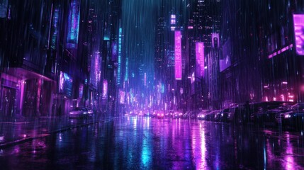 Obraz premium Neon rain dripping down in glowing shades of cyan and violet, reflecting on dark streets--great for noir-themed cityscapes or rainy night aesthetics.