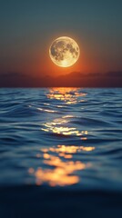 The Sunset Over the Ocean With a Full Moon Rising, Casting Reflections on the Water at Twilight