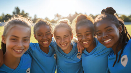 Obraz premium Group of Happy Young Multi-Ethnic Girl Soccer Players Posing on a Sunny Day