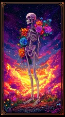 Colorful Skeleton in Floral Design with Starry Background