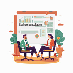 Business consultation. Vector illustration of a business support and consulting service. A man and a woman are talking about business topics.