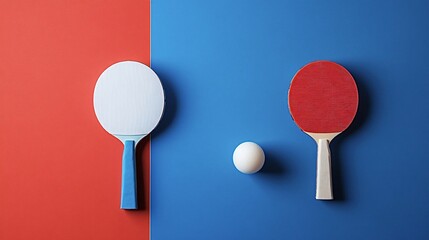Two ping pong paddles and a white ball on a red and blue background, creating a striking composition with contrasting colors