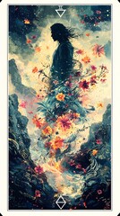 Mystical Tarot Card Design with Human Figure and Flowers