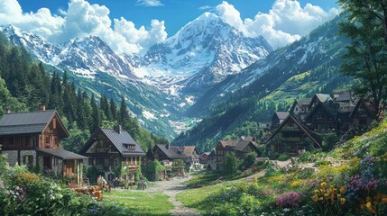 Alpine Village Nestled in the Mountains